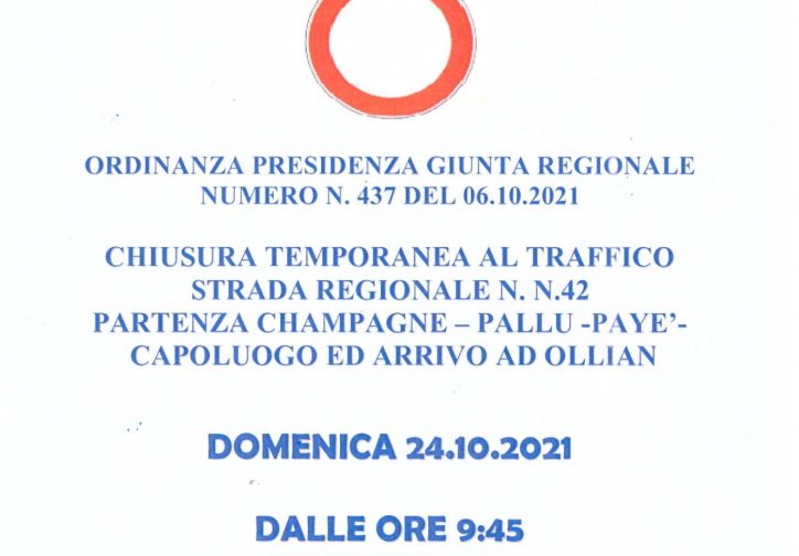 AVVISO CHIUSURA TEMPORANEA SR 42 PER GARA SKIROLL DOMENICA 24 OTTOBRE 2021